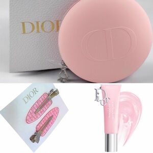 Bundle Dior Beauty Pink Round Makeup Bag, Lip Glow Butter & Hair Clips